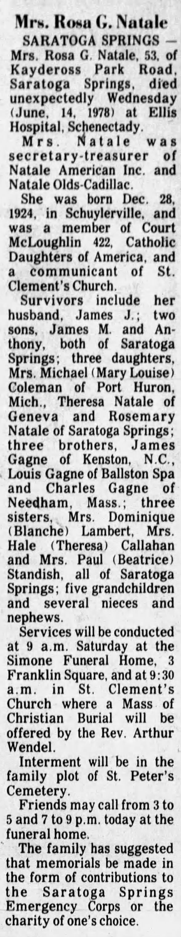 Obituary for Rosa G. Natale, 1924-1978